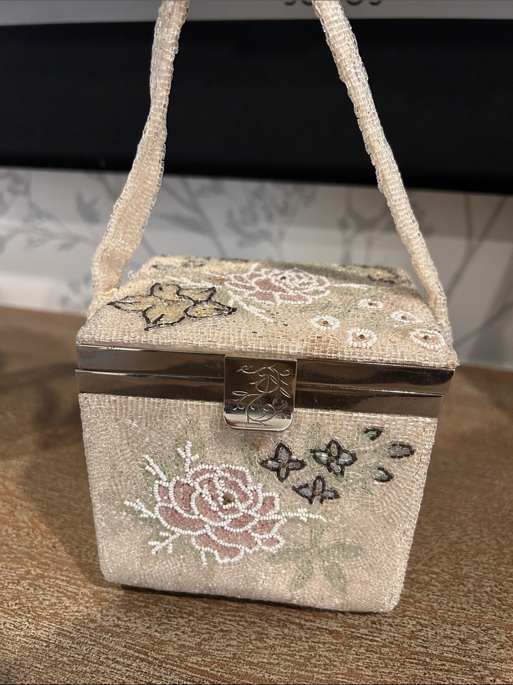Beaded Floral Box Handbag in Cream